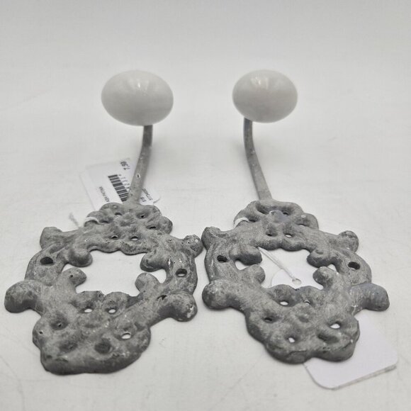 Vintage Cast Iron Wall Hooks with Ceramic Tip Rustic Ash Patina Coat Hat Hanger - Picture 7 of 11